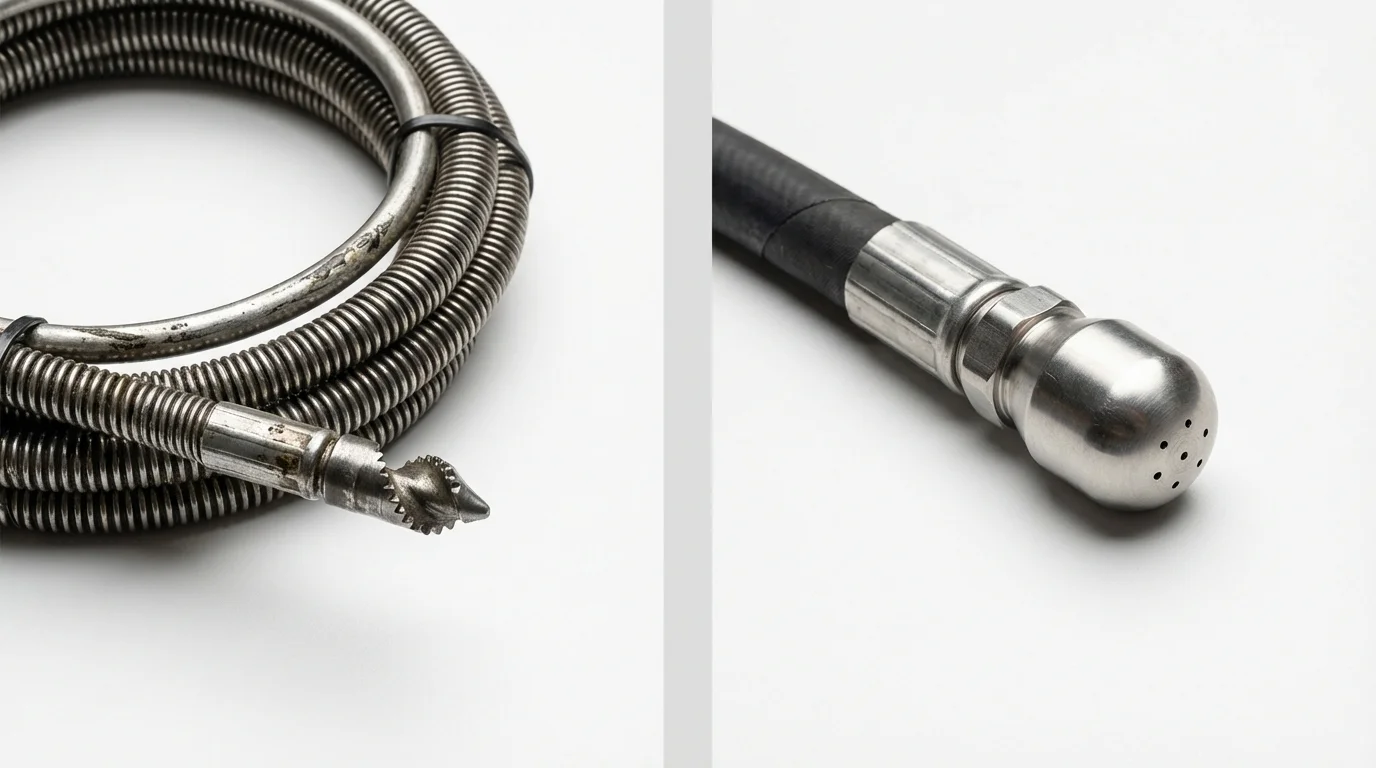 Drain snake cable and hydro jetting nozzle used for drain cleaning in Napoleon, ND