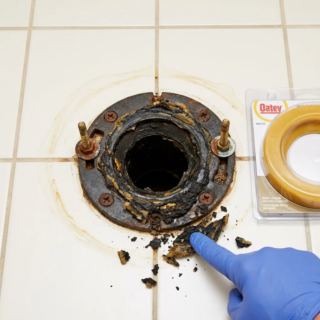 Failed wax ring showing water seepage at the base of a toilet in a Napoleon, ND home