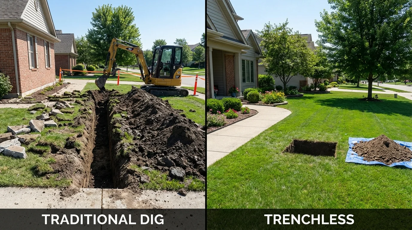 Trenchless sewer repair with minimal yard damage versus traditional excavation in Napoleon, ND